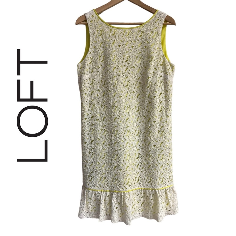 NWT LOFT Floral Cream Lace Overlay Yellow Shift Dress Ruffle Hem Size 10 $98